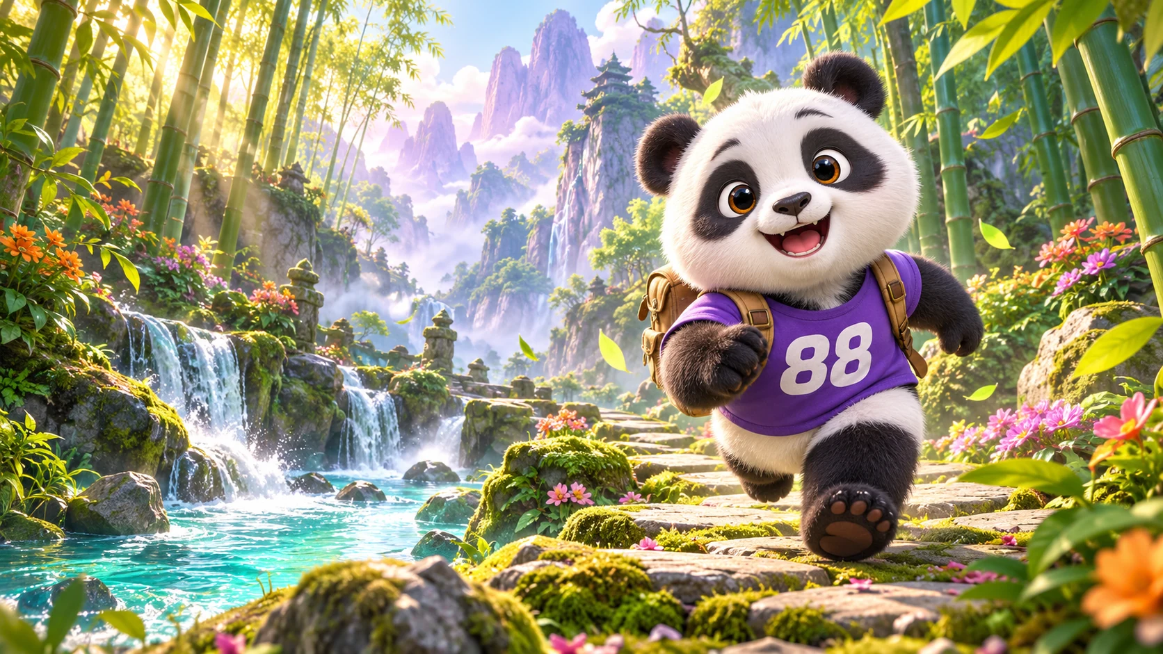 Panda berkaos 88 berpetualang melewati sungai dan hutan bambu hijau dalam dunia 3D