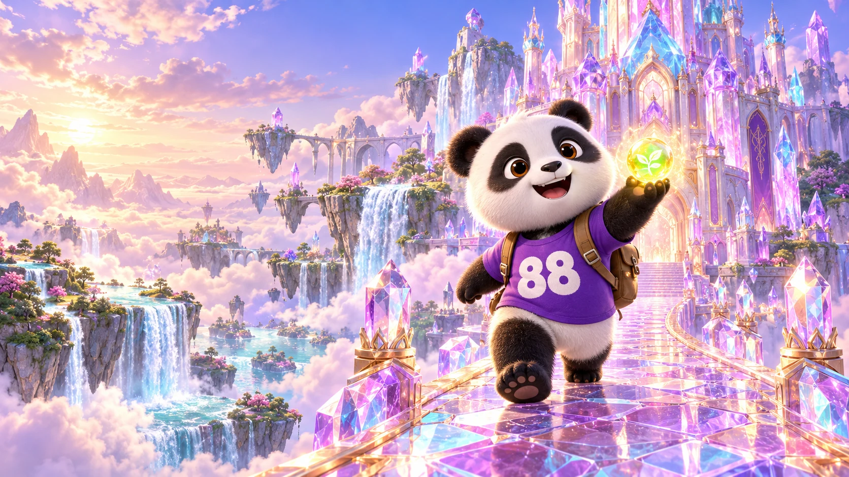 Panda membawa cahaya hutan menuju kastil megah dari kristal ungu, merah muda, dan biru