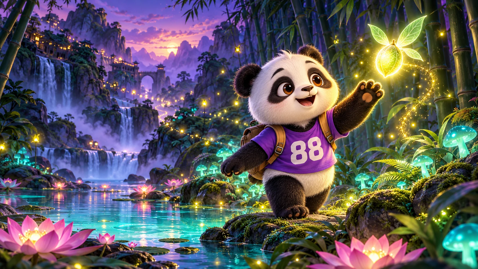 Panda menemukan benih cahaya keemasan di hutan bambu senja dengan jamur bercahaya